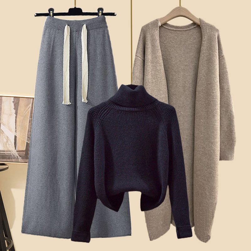 Winter Lazy Style High Collar Sweater Wide Leg Pants Long Cardigan Three-piece Set