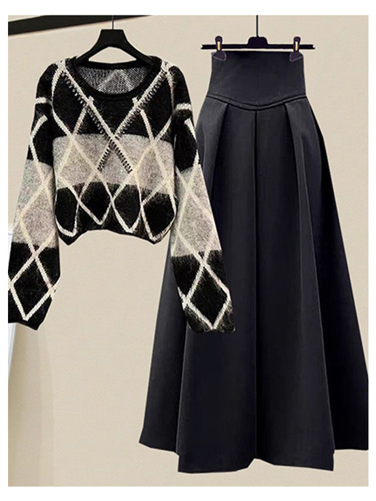 Color-blocked Fashion Sweater + Midi Skirt Set