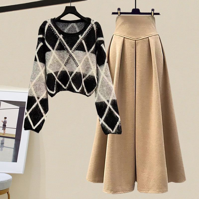 Color-blocked Fashion Sweater + Midi Skirt Set