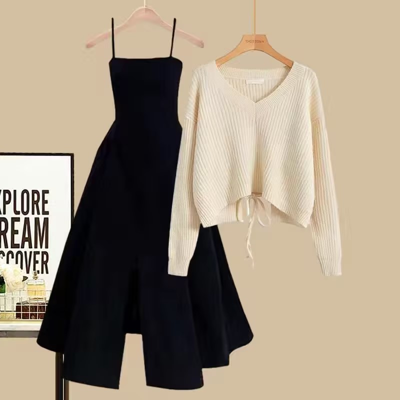 French-style tied sweater and little black dress, two-piece set