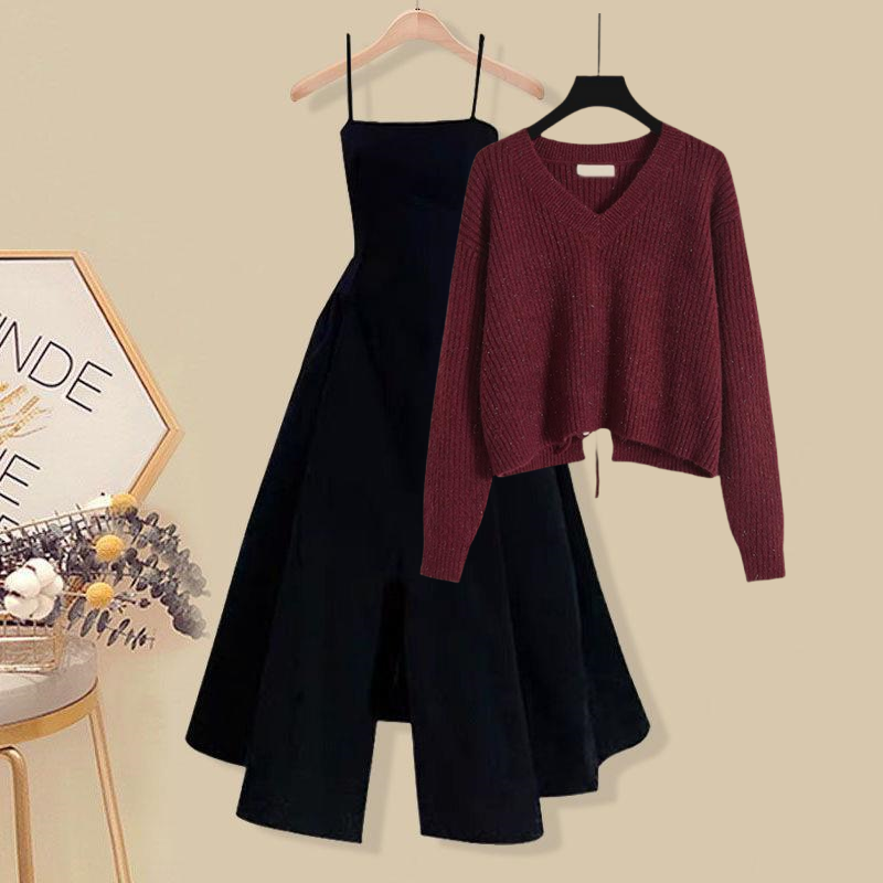 French-style tied sweater and little black dress, two-piece set