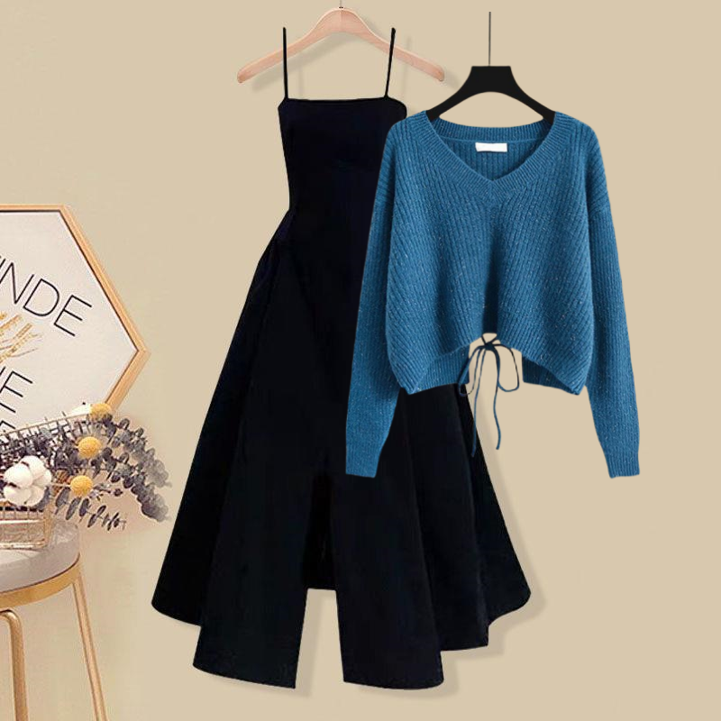 French-style tied sweater and little black dress, two-piece set