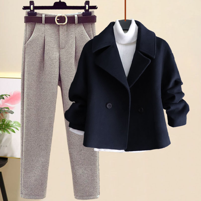 Fashionable Wool Coat + Casual Trousers Set