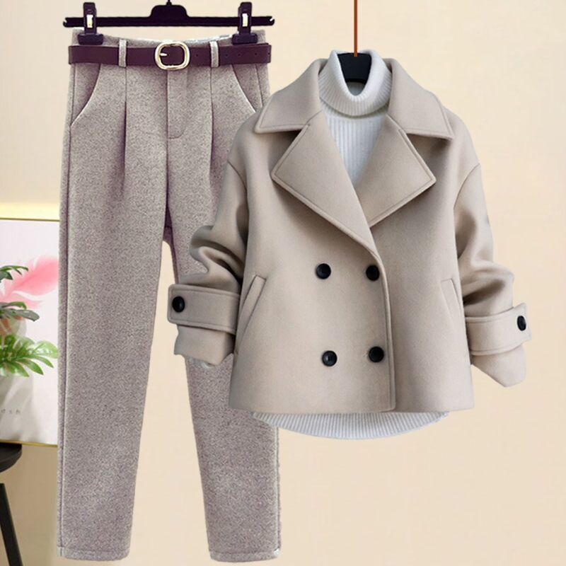 Fashionable Wool Coat + Casual Trousers Set