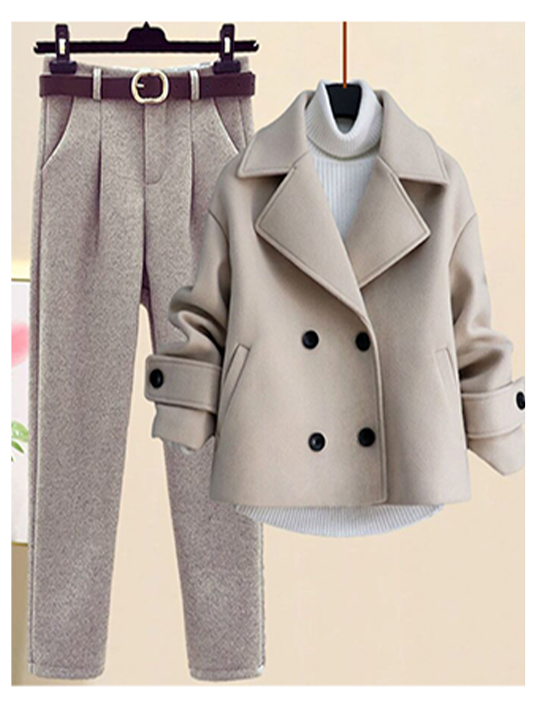 Fashionable Wool Coat + Casual Trousers Set