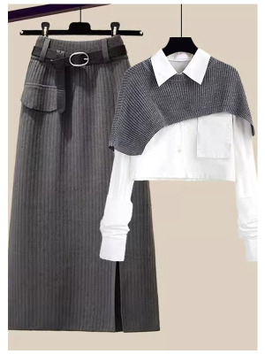 Cape shirt knitted high waist skirt suit