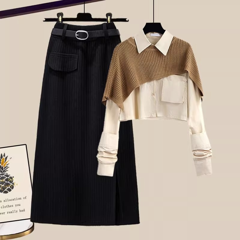 Cape shirt knitted high waist skirt suit