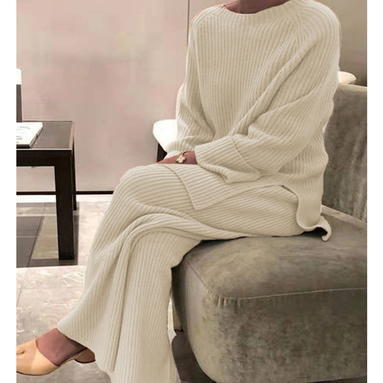 Women's Simple Hem Slit Ribbed Woolen Design Suit