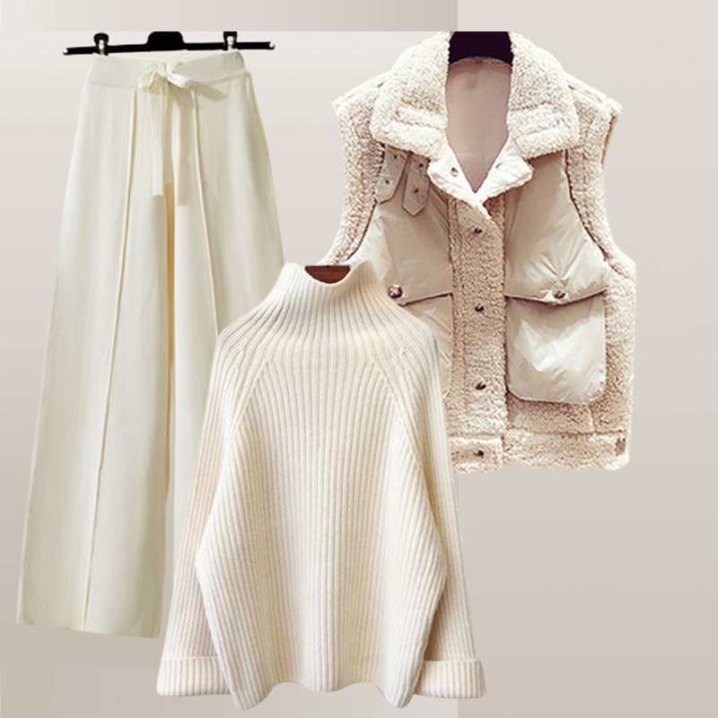 مجموعة ثلاثية من البلوزة المحبوكة والصدرية والبنطلون الكاجوال