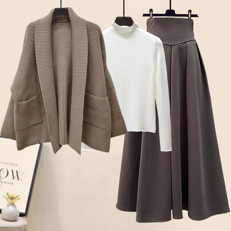 Loose sweater jacket solid color bottoming shirt A-line skirt three-piece set