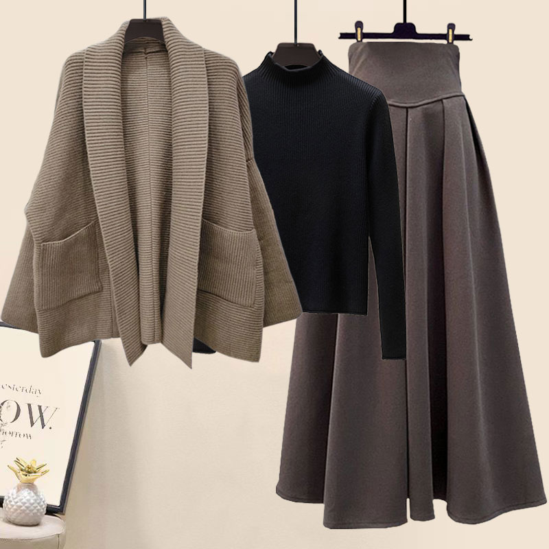 Loose sweater jacket solid color bottoming shirt A-line skirt three-piece set