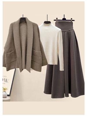 Loose sweater jacket solid color bottoming shirt A-line skirt three-piece set