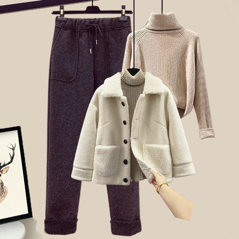 Winter Lambswool Fleece Fur Pellet Fleece Jacket Sweater Lounge Pants Three-piece Set