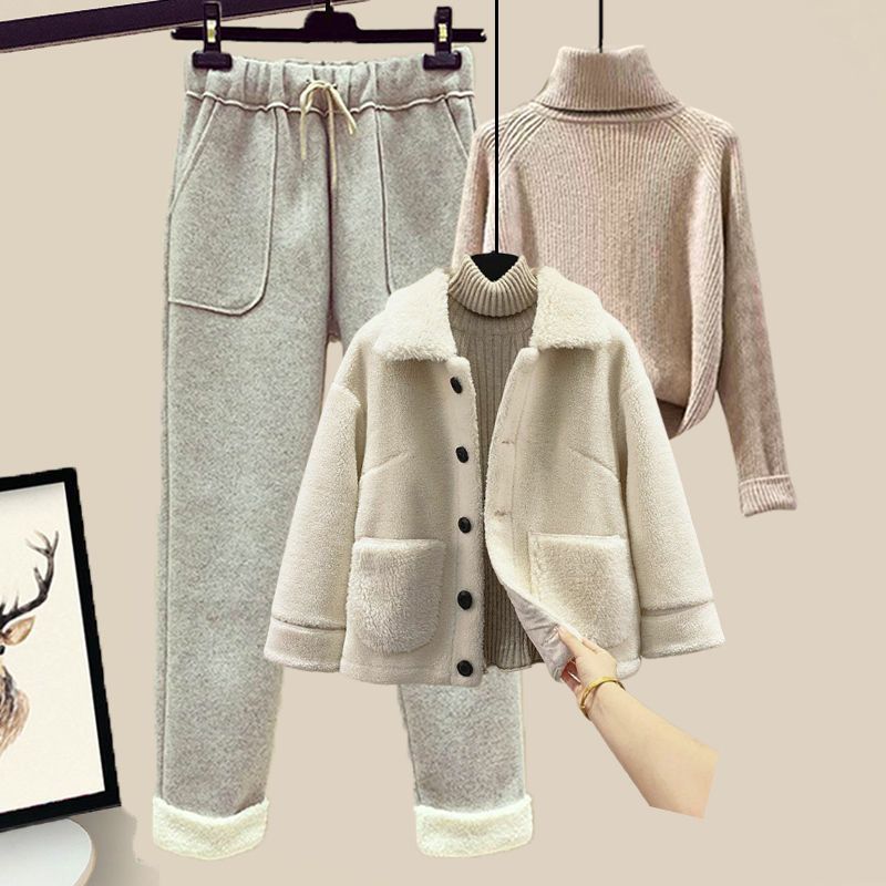 Winter Lambswool Fleece Fur Pellet Fleece Jacket Sweater Lounge Pants Three-piece Set