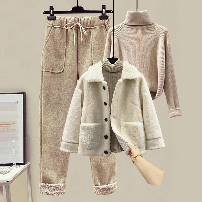 Winter Lambswool Fleece Fur Pellet Fleece Jacket Sweater Lounge Pants Three-piece Set