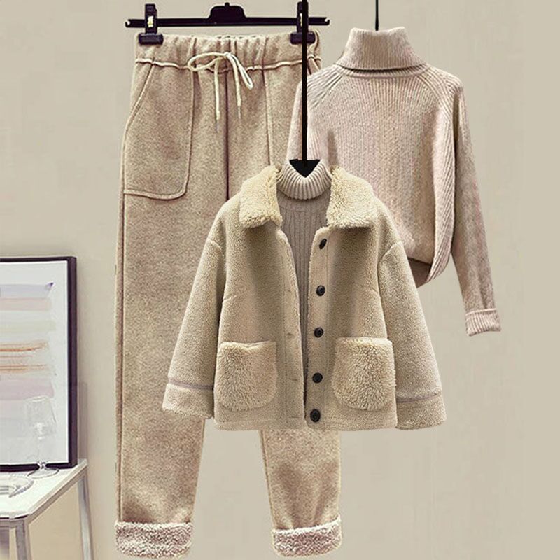 Winter Lambswool Fleece Fur Pellet Fleece Jacket Sweater Lounge Pants Three-piece Set