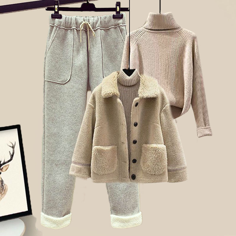 Winter Lambswool Fleece Fur Pellet Fleece Jacket Sweater Lounge Pants Three-piece Set