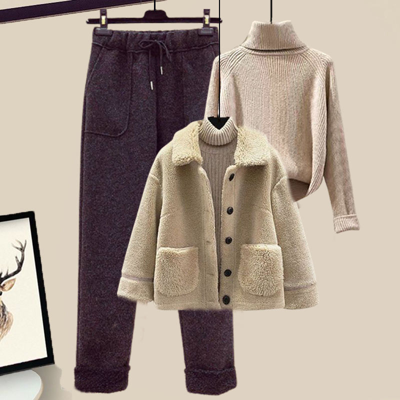 Winter Lambswool Fleece Fur Pellet Fleece Jacket Sweater Lounge Pants Three-piece Set