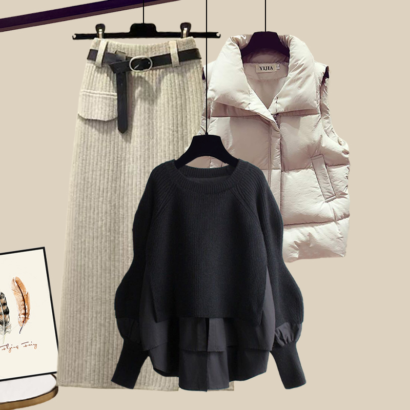 Casual Sweater+Down Vest+Skirt