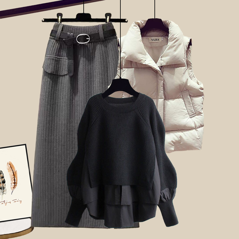 Casual Sweater+Down Vest+Skirt