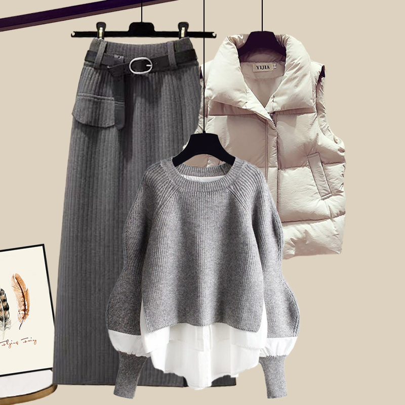 Casual Sweater+Down Vest+Skirt