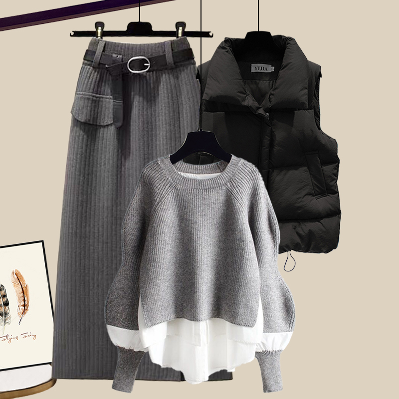 Casual Sweater+Down Vest+Skirt