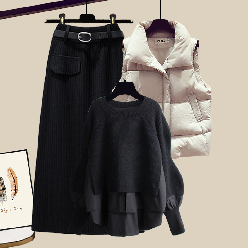 Casual Sweater+Down Vest+Skirt