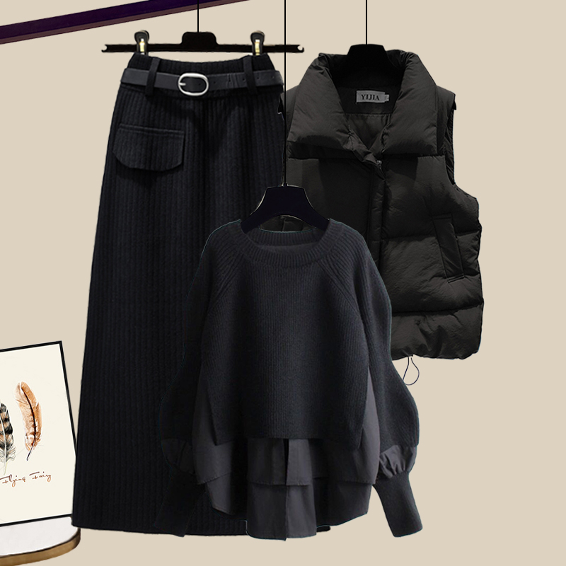 Casual Sweater+Down Vest+Skirt