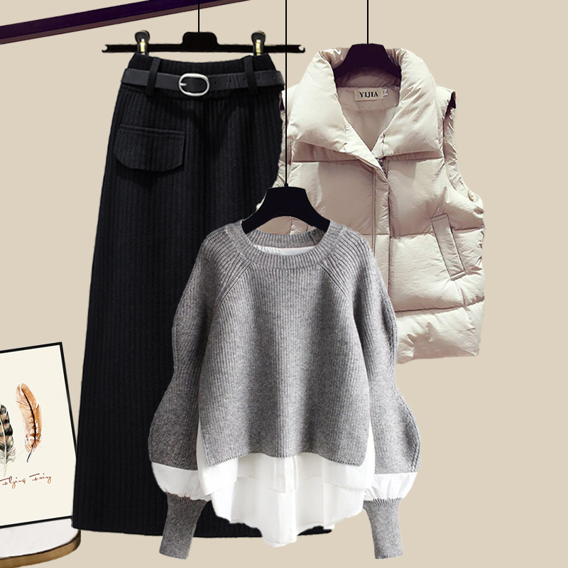 Casual Sweater+Down Vest+Skirt