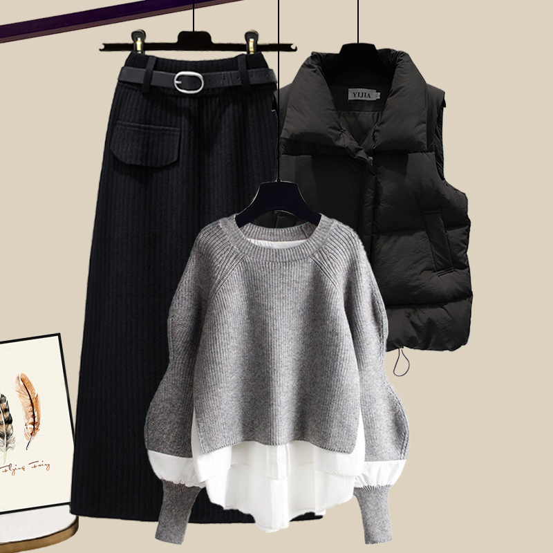 Casual Sweater+Down Vest+Skirt