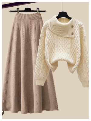 Turn-down Collar Sweater and Knit Midi Skirt Two-Piece Set