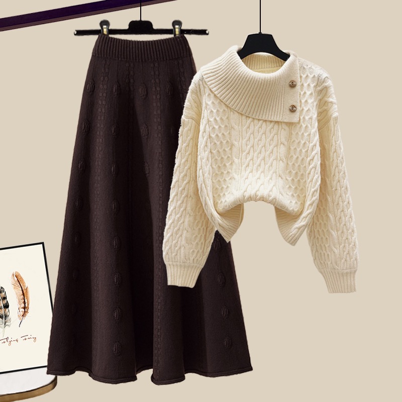 Turn-down Collar Sweater and Knit Midi Skirt Two-Piece Set