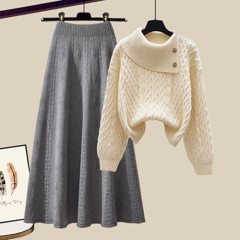 Turn-down Collar Sweater and Knit Midi Skirt Two-Piece Set