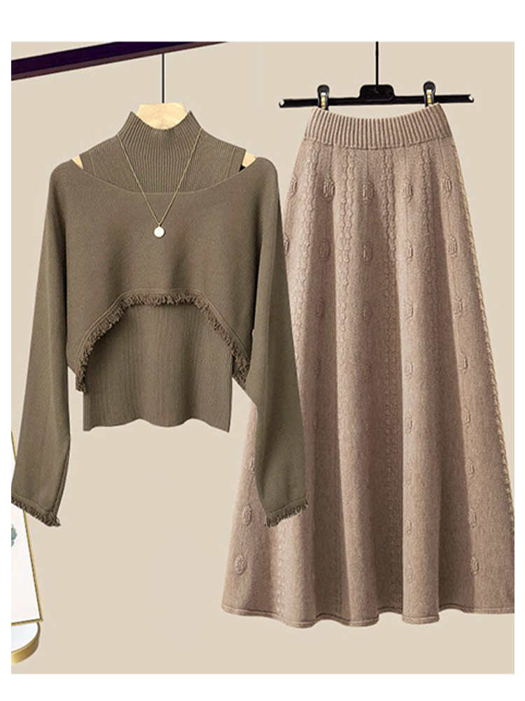 Fashionable Fringe Sweater and Knit Midi Skirt Two-Piece Set