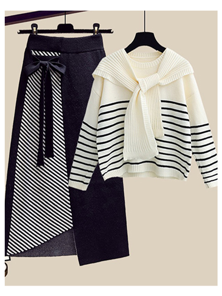 Shawl Knit Top + Striped Color Block Skirt 2 PC Set