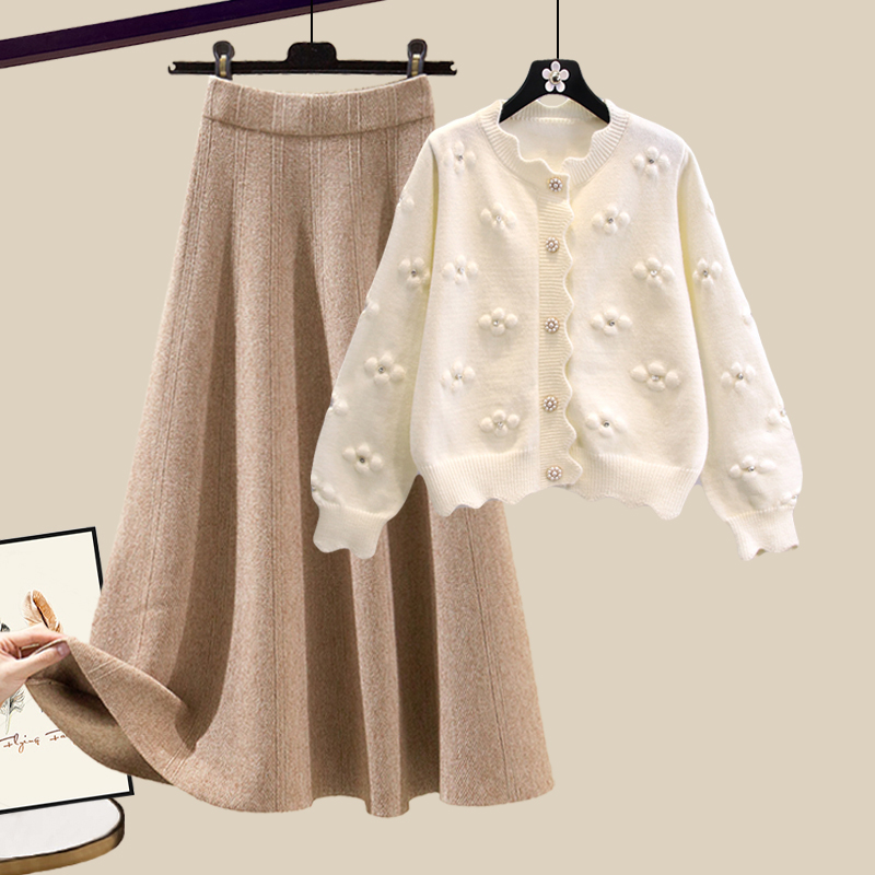 Pearl Button Cardigan + Casual Midi Skirt 2 PC Set