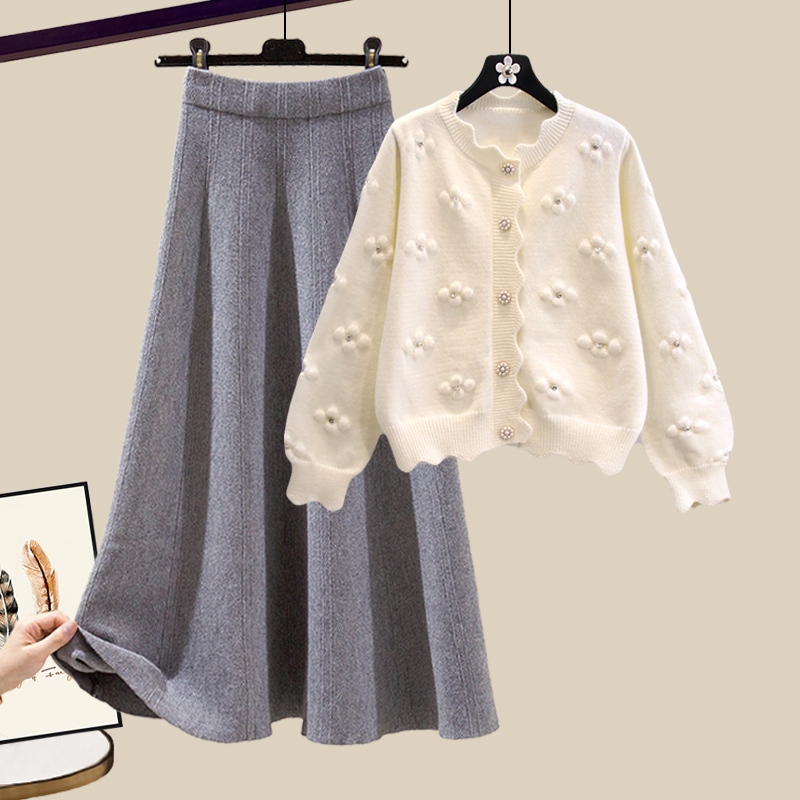 Pearl Button Cardigan + Casual Midi Skirt 2 PC Set