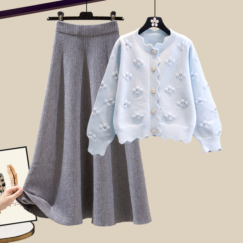 Pearl Button Cardigan + Casual Midi Skirt 2 PC Set