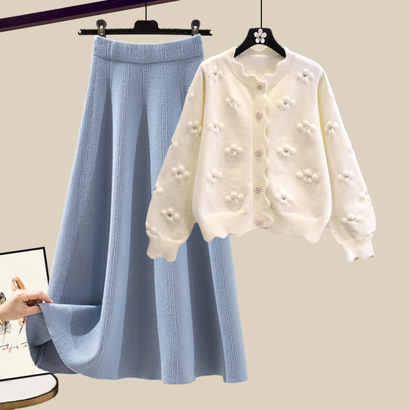 Pearl Button Cardigan + Casual Midi Skirt 2 PC Set