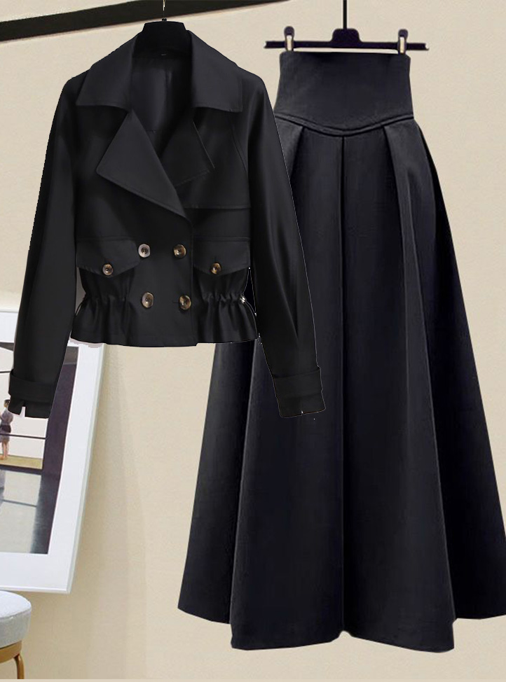 Short loose trench coat+horn -shaped skirt 2 PC Set