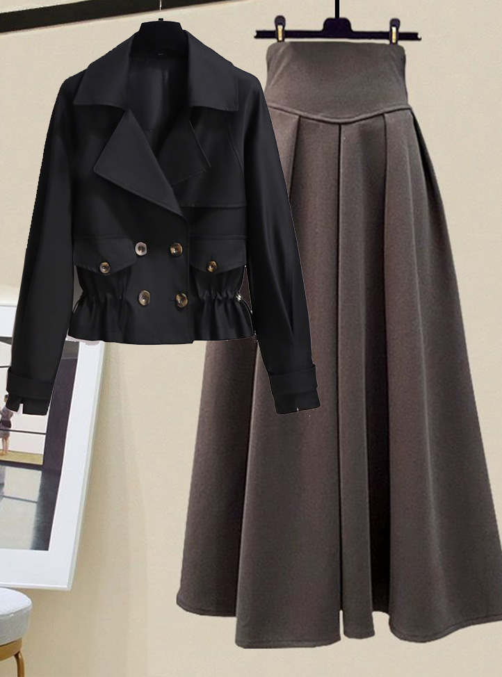 Short loose trench coat+horn -shaped skirt 2 PC Set