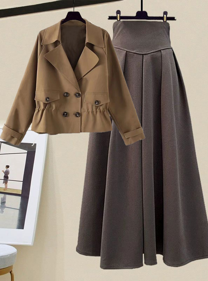 Short loose trench coat+horn -shaped skirt 2 PC Set