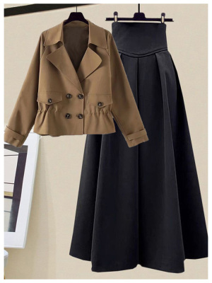 Short loose trench coat+horn -shaped skirt 2 PC Set