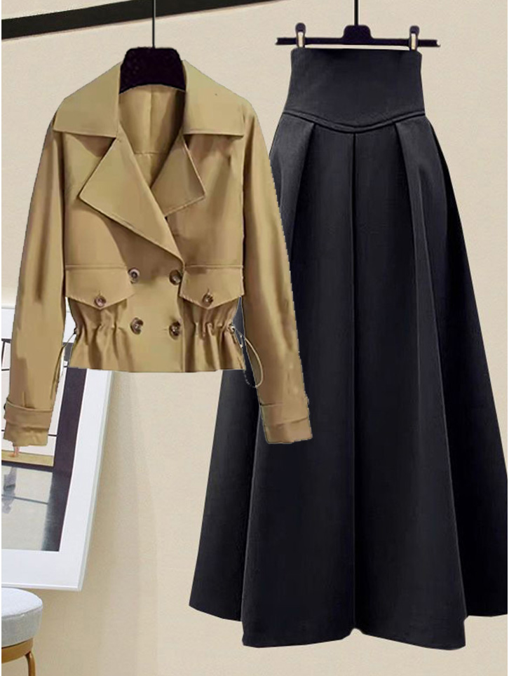 Short loose trench coat+horn -shaped skirt 2 PC Set