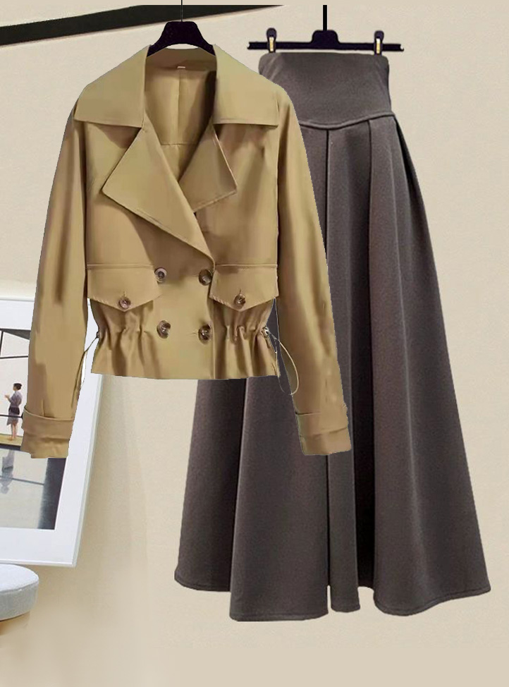 Short loose trench coat+horn -shaped skirt 2 PC Set