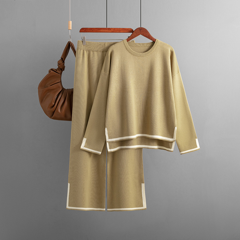 New Color Clash Split Long-sleeved Knit Wide-leg Pants Two-piece Set