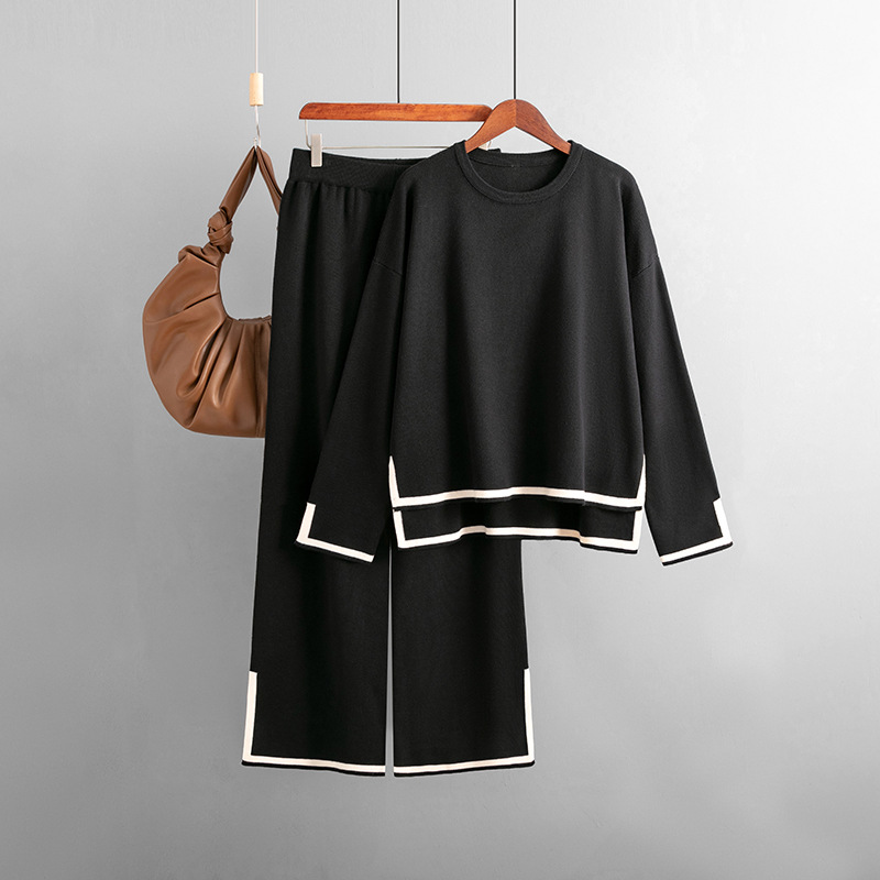 New Color Clash Split Long-sleeved Knit Wide-leg Pants Two-piece Set