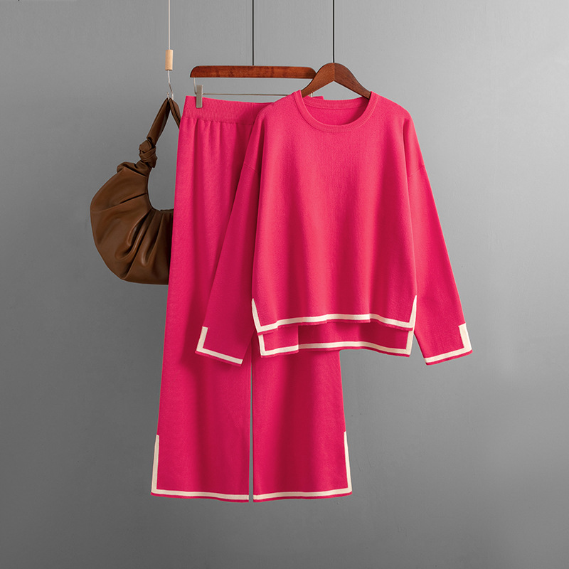 New Color Clash Split Long-sleeved Knit Wide-leg Pants Two-piece Set