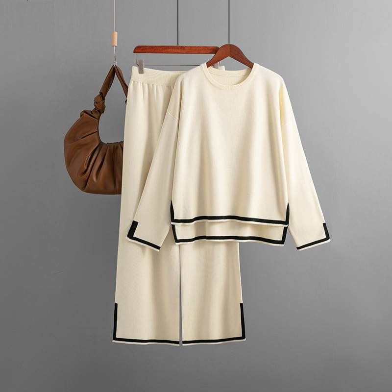 New Color Clash Split Long-sleeved Knit Wide-leg Pants Two-piece Set