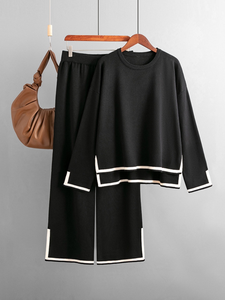 New Color Clash Split Long-sleeved Knit Wide-leg Pants Two-piece Set